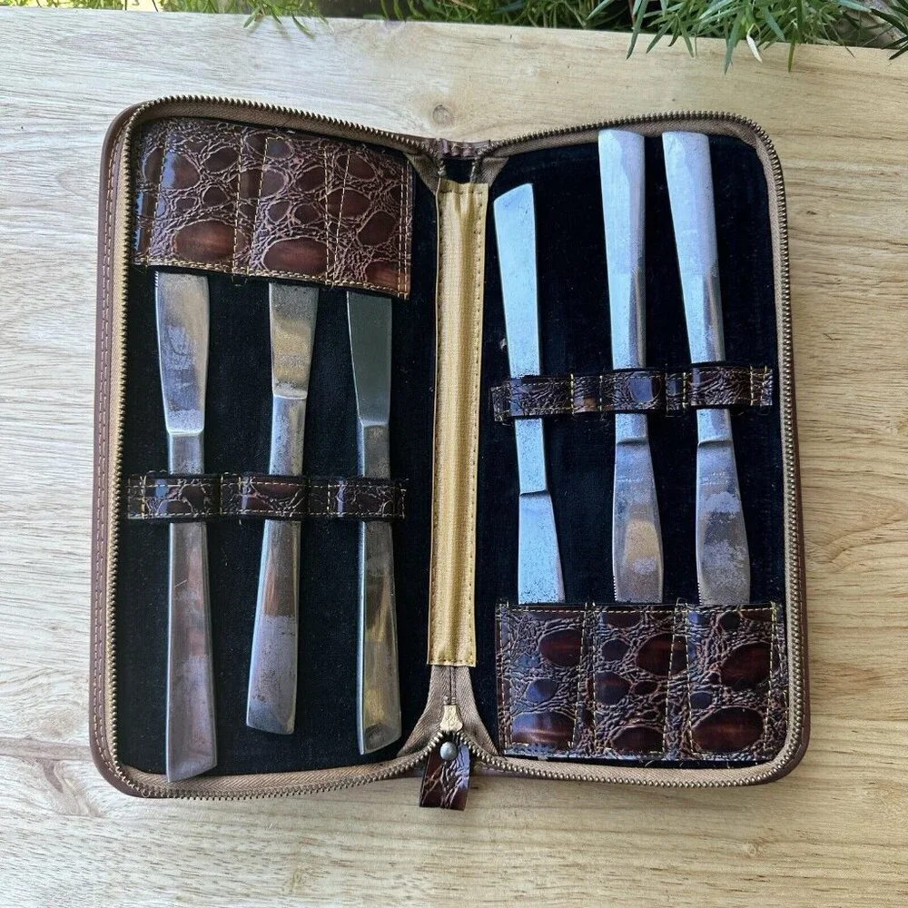 VTG Vercraft Stainless Steel Steak Knives In Zip Leather Case Japan Set Of 6‎